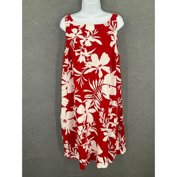 AVA & VIV Dress Sz 1X Red White Floral Sleeveless Linen Blend Tropical Cruise - Picture 1 of 13
